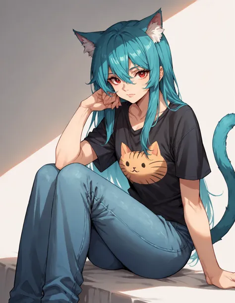 anime girl with blue hair and cat ears sitting on a ledge