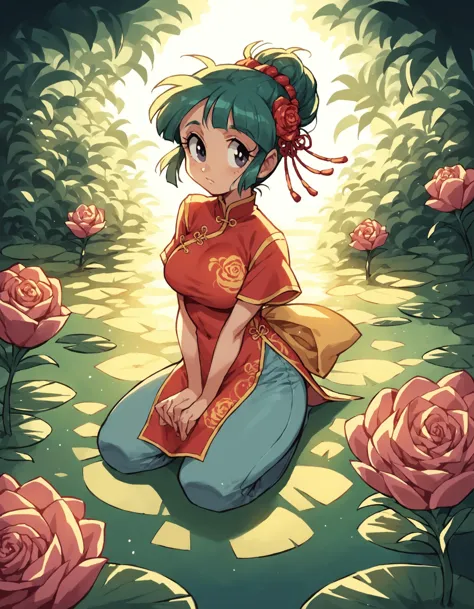 a cartoon girl sitting on the ground in front of roses