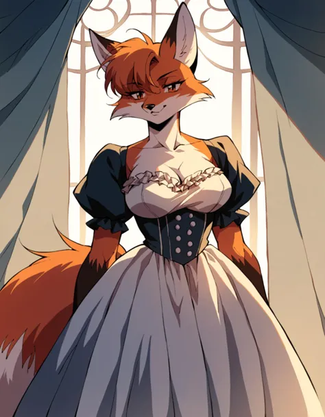 a close up of a woman in a dress with a fox on it