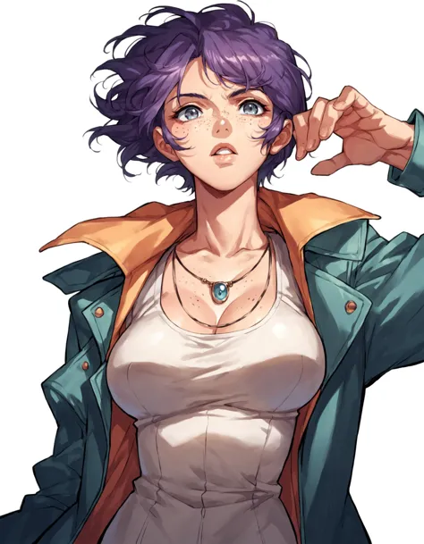 a woman with purple hair and a green jacket is posing