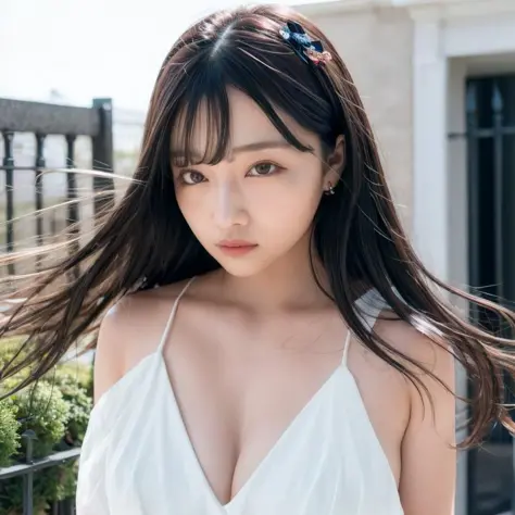 8k, best quality, 1girl, (skindentation), huge breast, morning, (bright), blur background, outdoor, (street:0.6), (people), crowds, braided bangs, blouse, gorgeous, floating hair, (dynamic pose:0.6), soft lighting, charming, wind, garden, sunlight, white l...
