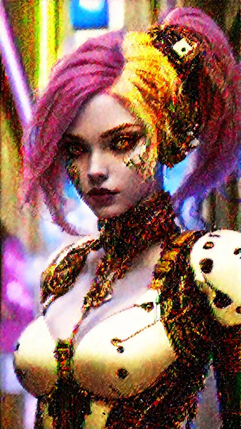 comic (RAW photo, masterpiece, high resolution, extremely complex), mix of Harley Quinn and cyborg , cyborg skull, upper body, p...