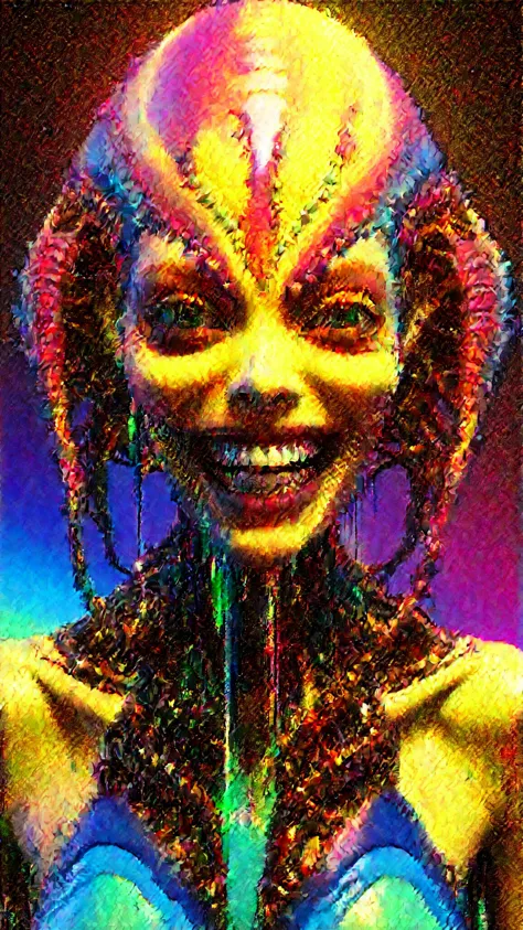 impossibly beautiful portrait of alien shapeshifter entity, photography, detailed skin, insane smile, intricate complexity, surr...