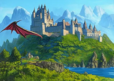 a close up of a castle on a hill with a dragon flying over it