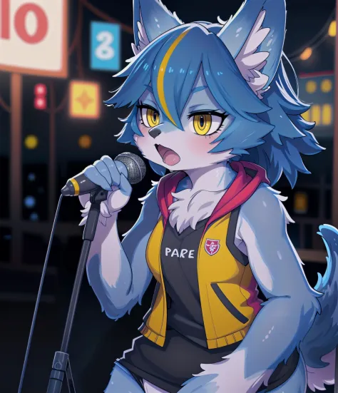 masterpiece, best quality, photorealistic,detailed lighting, depth of field, detailed, cinematic lighting,
detailed eyes, beautiful eyes, glistening eyes, 
upper body, 
 (blurred background:1.2), outdoors, concert, microphone stand,
(solo), furry, kemono,  anthro, wolf, girl ,
gray blue fur, blue hair, yellow hair, yellow eyes, short hair, multicolored hair, hair between eyes, streaked hair, (small breasts:0.7) , bangs, blue fur, white fur,  ear fluff, wolf tail, , 
glistening,
(white vest), open vest, shirt, singing, holding microphone, open mouth, angry,  
 (spread legs:0.7), :3,  open mouth, (tareme), jitome,  looking away, 
<lora:boldline:-0.5>, (round head:1.1),,  
 <lora:nanahoshi:0.8>