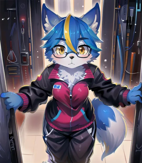 masterpiece, best quality, photorealistic,detailed lighting, depth of field,
detailed eyes,
front view,
science fiction, nerd,
(solo), furry, kemono,  anthro, kemono, wolf, , girl ,
body fur, , yellow eyes,
gray blue hair, yellow hair, yellow eyes, long sl...