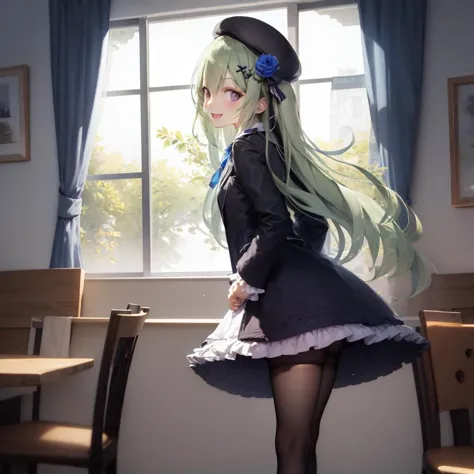 best_quality,masterpiece,green_hair,(purple_eyes),(very_long_hair),bangs,((beret)),blue_rose,dress_shirt,(black_jacket),frills,c...