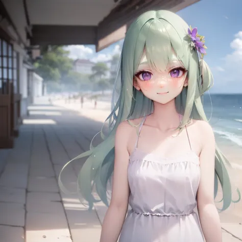 <lora:ennafol_v1-000009:.8>,1girl,solo,best_quality,masterpiece,ennafol,green_hair,(purple_eyes),(very_long_hair),bangs,beach,oc...