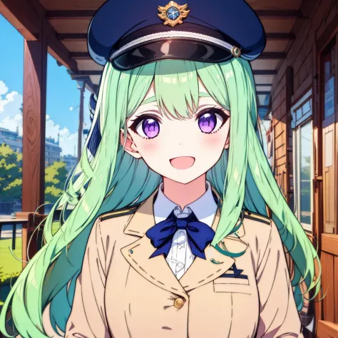 <lora:ennafol_v2:1>1girl,solo,bangs,ennafol,best_quality,green_hair,masterpiece,purple_eyes,very_long_hair,outdoors,:D,indoors,looking at viewer,military uniform,military hat, flat chest, bowtie,ribbon,blue_rose