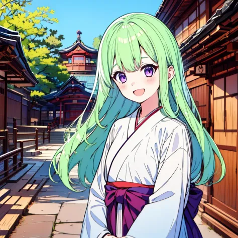 1girl,solo,bangs,ennafol,best_quality,green_hair,masterpiece,purple_eyes,very_long_hair,outdoors,:D,outdoors,looking at viewer, flat chest,miko,shrine_maiden,japanese clothes, hakama, hakama skirt,