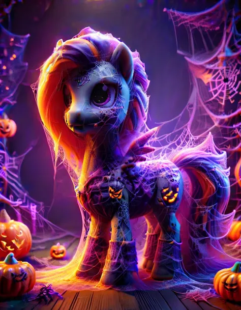 dark halloween pony made out of bright orange and purple neon glowing made out of ais-webz <lora:ral-ltlpowny-sdxl:1> ais-webz background <lora:Cobweb_Style_SDXL:1.4>