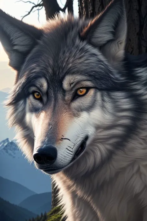 a close up of a wolf with a mountain in the background