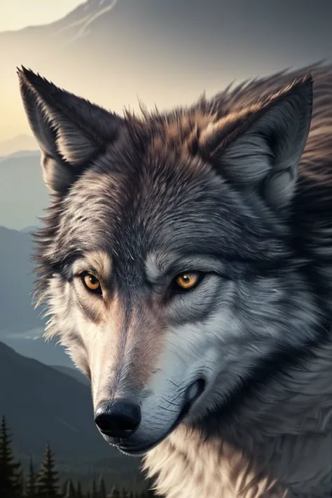 super realistic picture of a wolf - a large specimen, weighs about 120 kg., expression of concern, sadness, eyes, landscape, mountain, forest, light before sunset