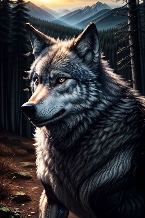 a painting of a wolf standing in the woods with mountains in the background