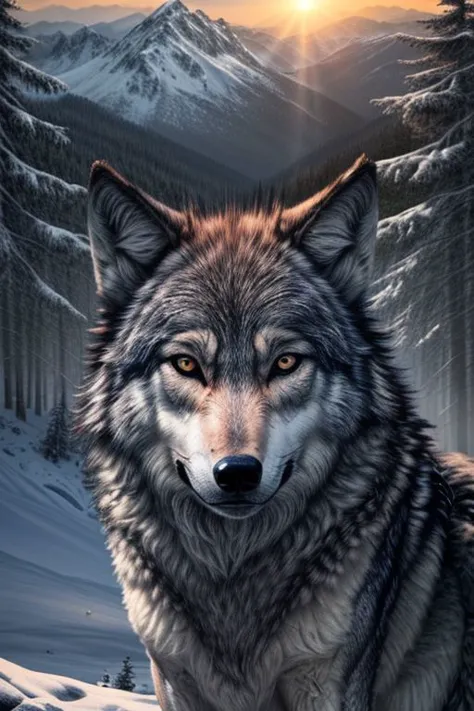 super realistic picture of a wolf - a large specimen, weighs about 120 kg., expression of concern, sadness, eyes, landscape, mountain, forest, light before sunset