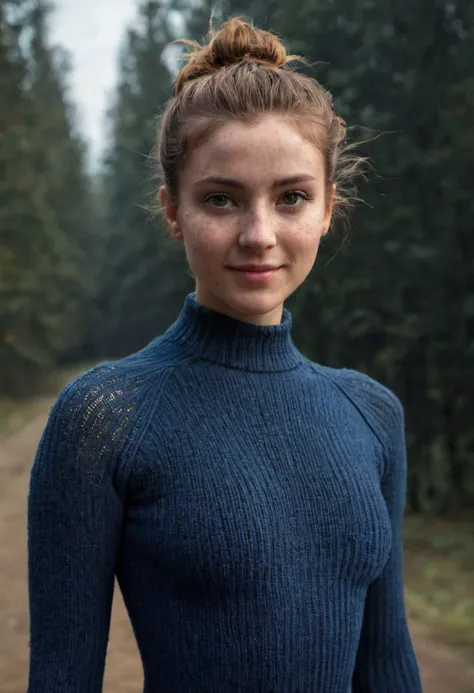 a petite Natural woman without make-up and a messy hair bun, wooly, no bra, DARK blue thic wooly skintight knitted full bodysuit...