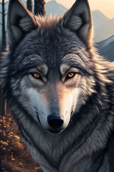 super realistic picture of a wolf - a large specimen, weighs about 120 kg., expression of concern, sadness, eyes, landscape, mountain, forest, light before sunset