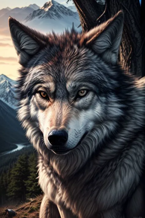 super realistic picture of a wolf - a large specimen, weighs about 120 kg., expression of concern, sadness, eyes, landscape, mountain, forest, light before sunset