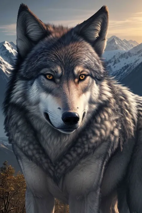 a close up of a wolf standing on a mountain with a sky background