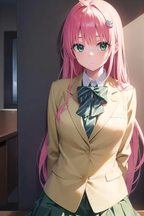 anime girl with pink hair and green eyes in a school uniform