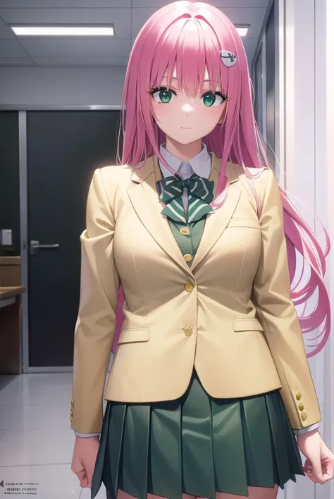 anime girl in school uniform standing in a hallway