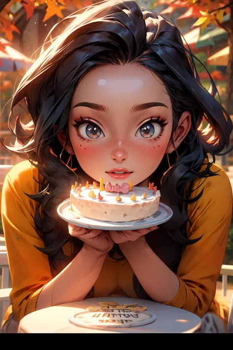 anime girl holding a cake with candles on it in front of a tree