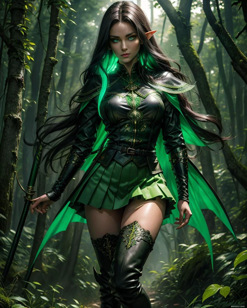 ((masterpiece, best quality, highres, realistic, best quality,)) Perfect Face, (detailed face).  good hands, female Elf stands tall, pale luminescent skin, ((glowing green eyes)), Short and stylish messy black hair, framing her delicate features, boots, black thigh high boots, forest-green jacket adorned with silver embroidery depicting arcane symbols. grey frilly shirt, short green skirt. 