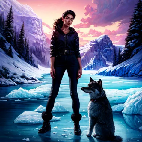 arafed image of a woman standing next to a dog on a frozen lake