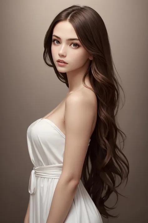 1girl,solo,long hair,brown hair,looking at viewer,realistic,Pure bule fashion background,brown eyes,dress,bare shoulders,upper b...