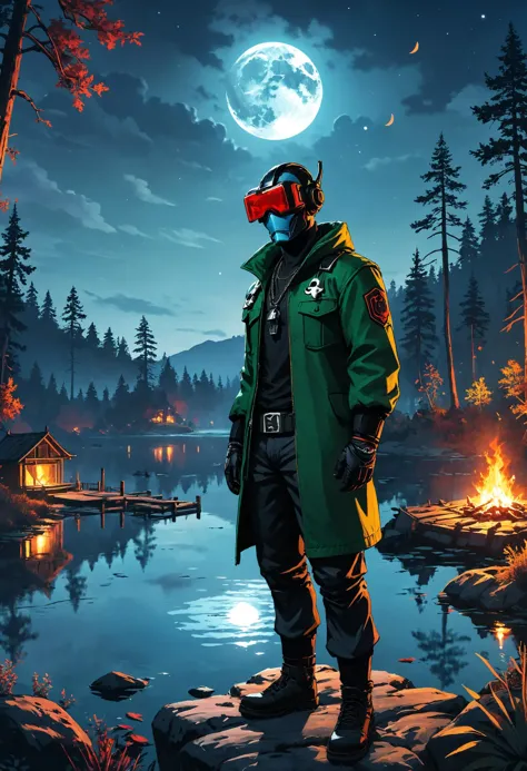 méchant méchant joueur de réalité virtuelle avec équipement immersif, mode scandaleuse, Lac au clair de lune entouré d&#39;une forêt silencieuse en arrière-plan, feu de cheminée, couverture gta 5, Style artistique Dreamyvibes, netteté, très détaillé