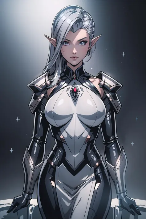 (masterpiece, best_quality, ultra-detailed, immaculate:1.3), epic, illustration, elf sci-fi warpriest  villainess, pauldrons, sh...