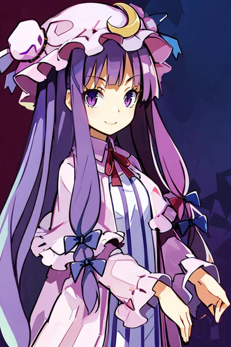 patchouli knowledge, 1girl, dress, (purple hair, purple eyes:1), long hair, mob cap, crescent hat ornament, ribbon, dress, smile,