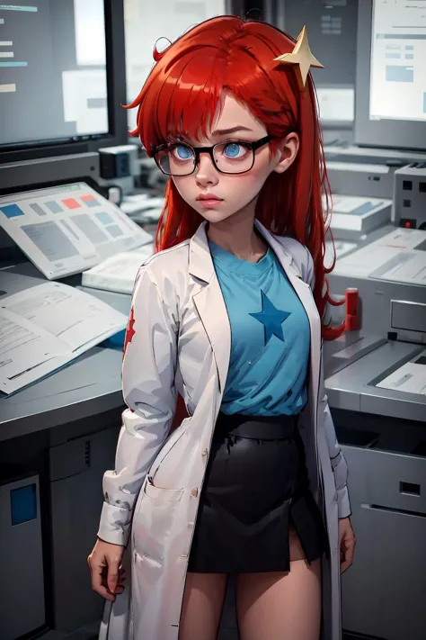 a woman with red hair and glasses standing in front of a desk