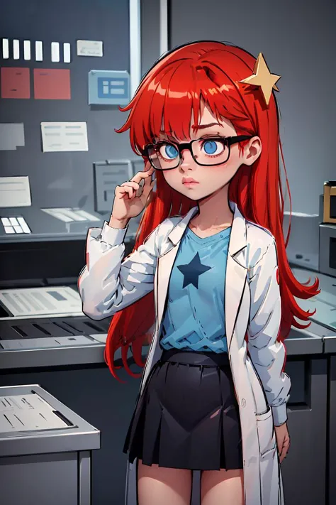 a woman with red hair and glasses standing in front of a desk