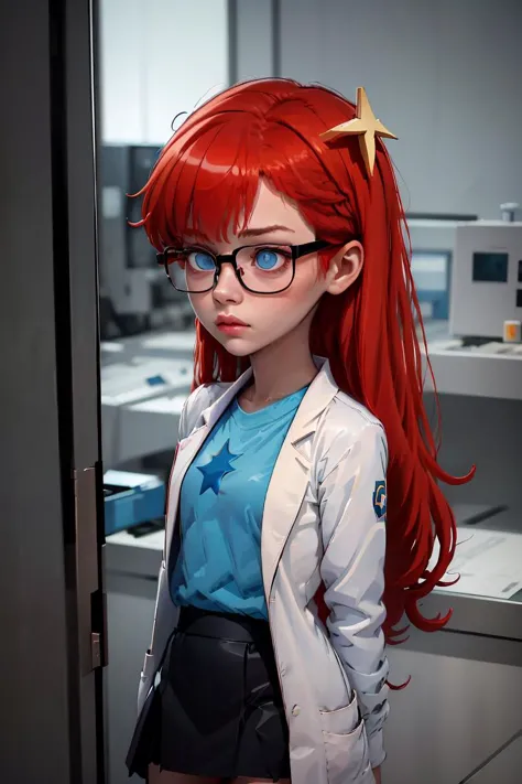 (masterpiece, best quality), 1girl,  <lora:Susan_Test_Leaf1:1> Susan test, glasses, long hair, red hair, labcoat, black skirt, blue eyes, star hair ornament ,hair ornament, blue shirt,