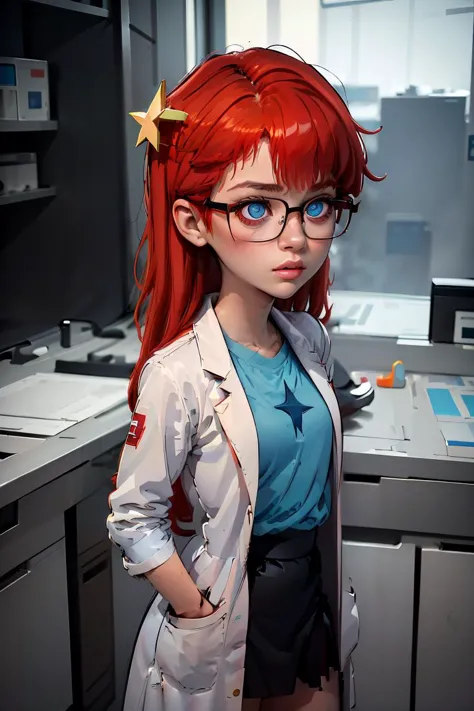 a woman with red hair and glasses standing in a kitchen