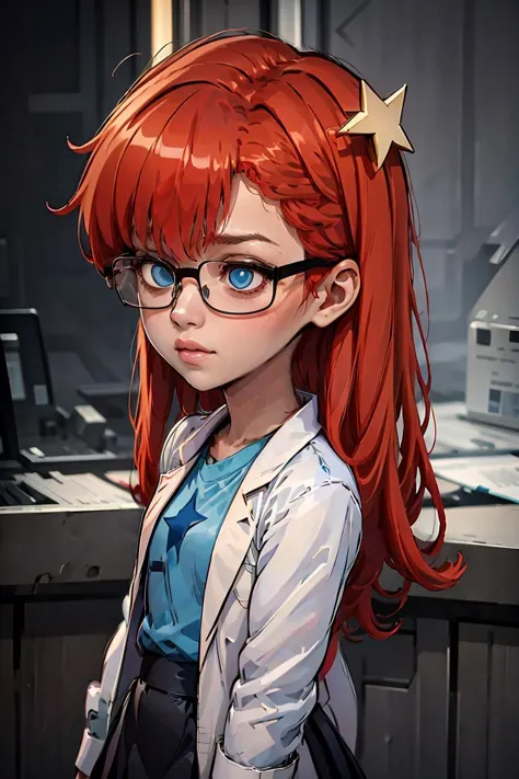 a woman with red hair and glasses standing in front of a computer