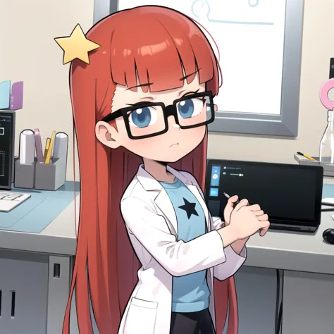 anime girl with red hair and glasses standing in front of a computer