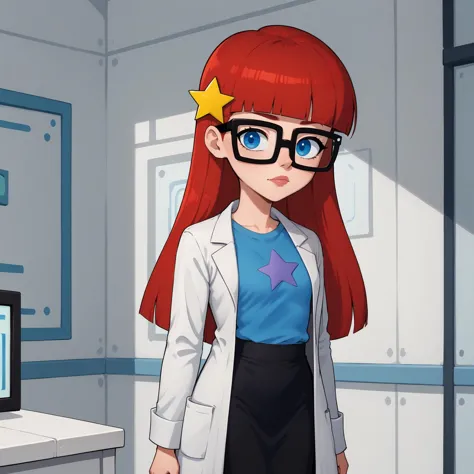 cartoon of a woman in a lab coat and glasses standing in front of a computer