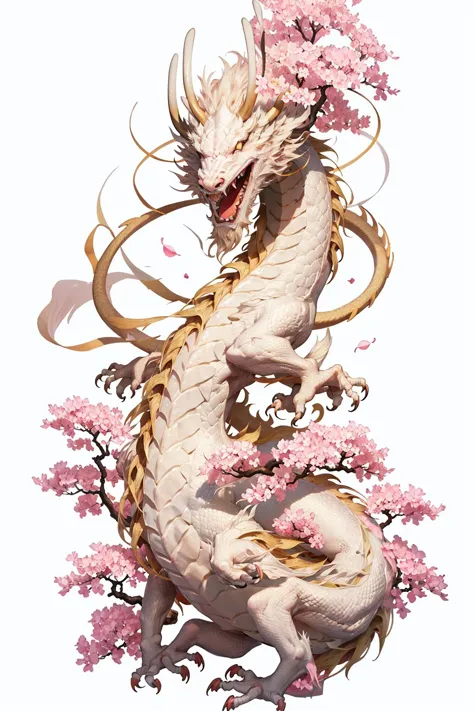 logo,masterpiece,(on a white background:1),white chinese dragon surrounded by white clouds,pink sakura trees,petals,wind,god,long wavy body,fangs,fantasy, mythical, high quality, highly detailed, masterpiece, epic,particles effect,dynamic effect,sun in the...