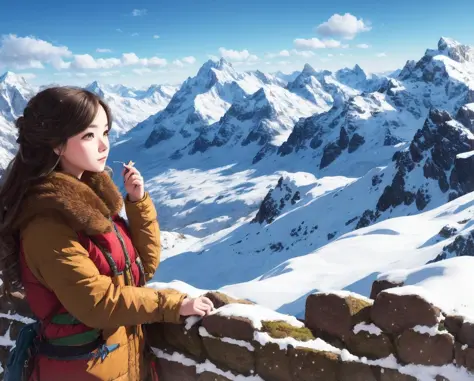 ((master piece)),best quality, illustration, 1girl, in the wilderness,high mountain,snow-capped mountains in the distance, beaut...