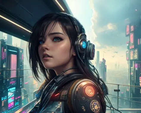 ((master piece)),best quality, illustration,  1girl, Look out the window, beautiful detailed eyes, (beautiful detailed cyberpunk city), beautiful detailed hair,