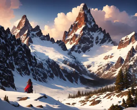 ((master piece)),best quality, illustration, dark, 1girl, in the wilderness,high mountain,snow-capped mountains in the distance,...