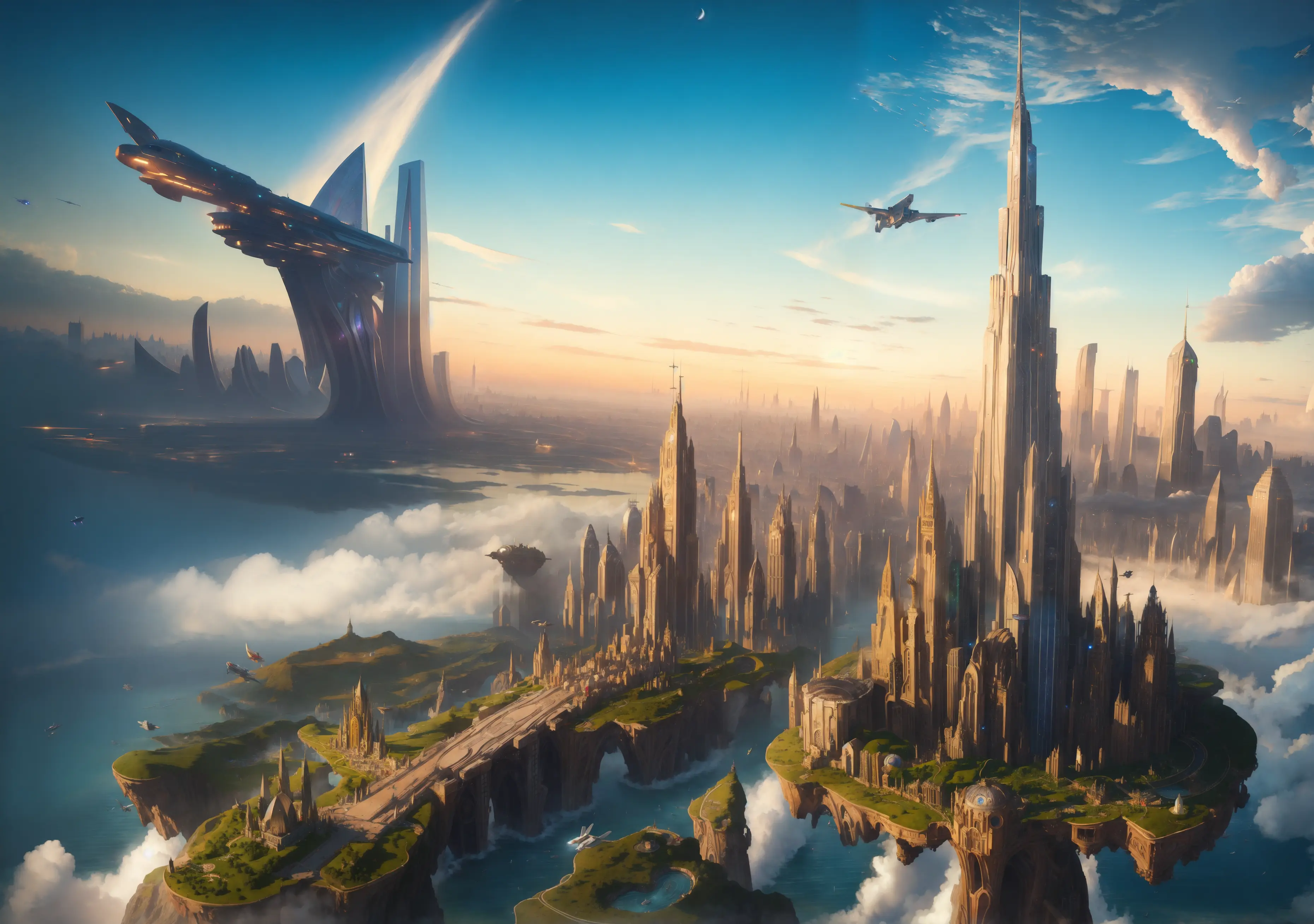 ((master piece)),best quality, (8k, best quality, masterpiece:1.2), ultra-detailed, illustration,  Grand scene, big city, Science fiction, Floating city,