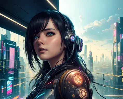 ((master piece)),best quality, illustration, 1girl, look out the window, beautiful detailed eyes, (beautiful detailed cyberpunk ...