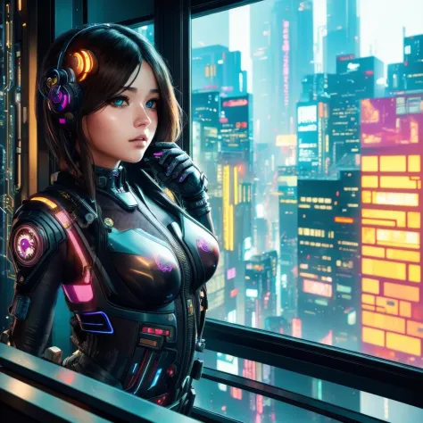 ((master piece)),best quality, illustration, 1girl, look out the window, beautiful detailed eyes, (beautiful detailed cyberpunk ...