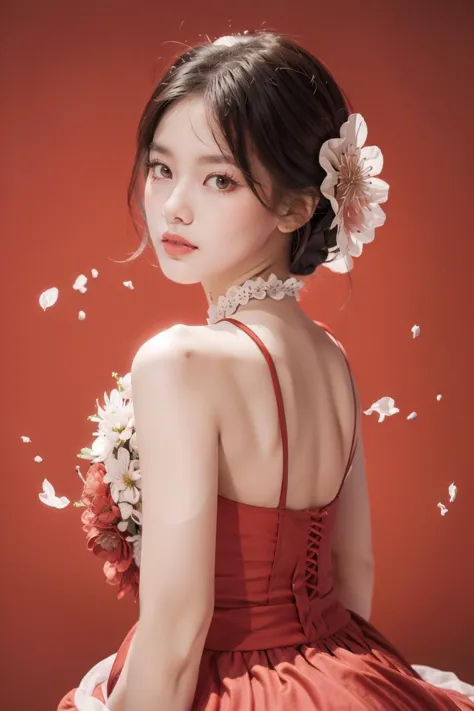 (8k, Meilleure qualité, chef-d&#39;œuvre,Super détail,Photo de haut sens, Peau très détaillée),Réaliste,Une superbe couleur complexe de belle mariée asiatique portant une grande robe à fleurs géantes, fond rouge, netteté, éclairage naturel, diffusion souterraine, f2, 35mm, grain de film,  hoadao, fleur rouge,(pétales:1),fleurs de cerisier,En plein air, tout le corps,  