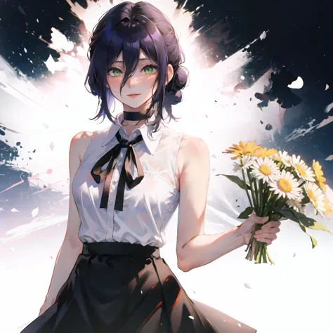 <lora:Reze:0.85> ,cowboy shot,((white shirt)),short tie,black tie,1 girl,shy, cute,black skirt, [(white background)::0.2],negative space,green eyes, purple hair,indoors,night,<lora:LAS:0.8> ,holding_flower,holding_white_daisy,