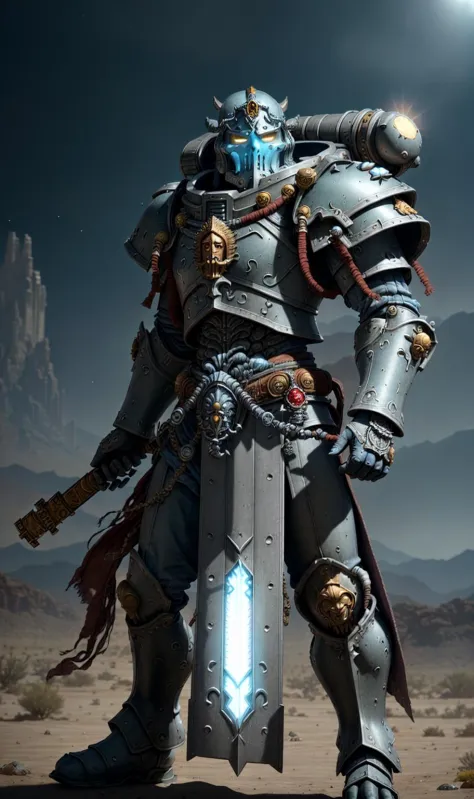 druid, warhammer 40k, space marine, intricate ornamented, Steel Gray Platinum Light blue armor, adepta sororitas, dynamic postur...