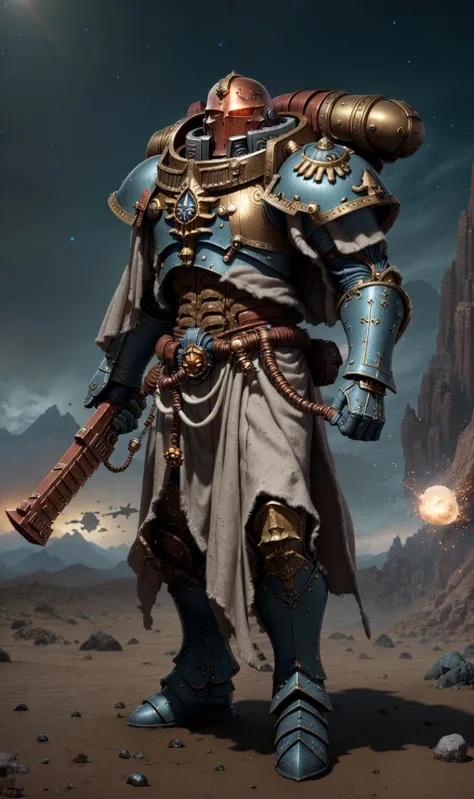 wizard, warhammer 40k, space marine, intricate ornamented, Pebble Gray Copper Cream armor, adepta sororitas, dynamic posture, Boreal desert landscape background, volumetric cinematic lighting, (highly detailed skull:0.8), <lora:WH40KSisters_V2rank8:0.7>, realistic reflections, cinematic composition